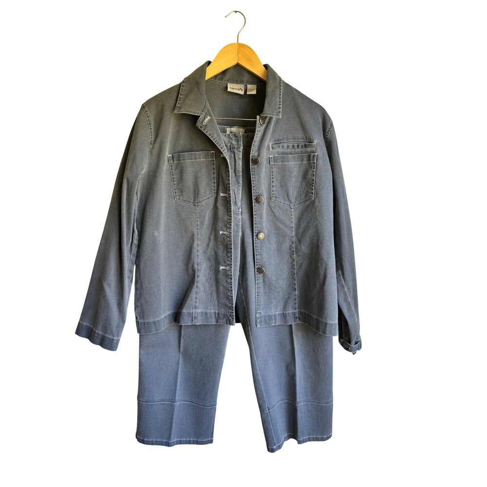 Chico's Women Gray Blue Ribbed Cotton Utility Shirt Jacket & Pant Set Size M